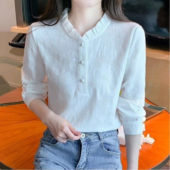 SAHINER 봄가을 여성 프릴넥 블라우스 긴팔셔츠 데일리 오피스룩 LBCS36