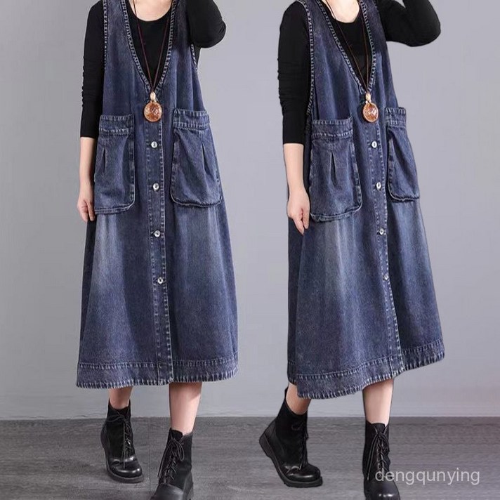 100kg까지 S3XL옵션 패션 빅포켓 브이넥 멜빵원피스 민소매 롱원피스 데님원피스 빅사이즈