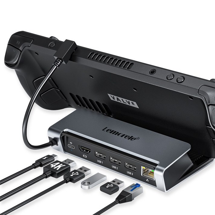 Lemorele Steam Deck 도킹 스테이션 베이스 스탠드 6 in 1 30Hz HDMI USBC 허브 PD100W 1000M 기가비트 이더넷 멀티허브, 검정
