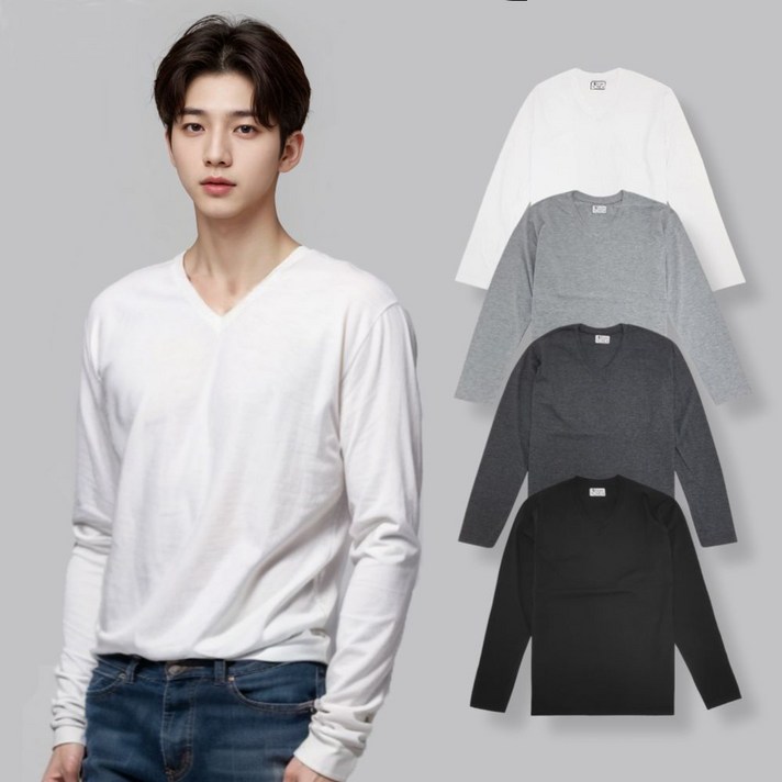 긴팔 프리미엄 브이넥 티셔츠 20수 면 무지티 긴팔 프리미엄 브이넥 티셔츠 20수 면 무지티