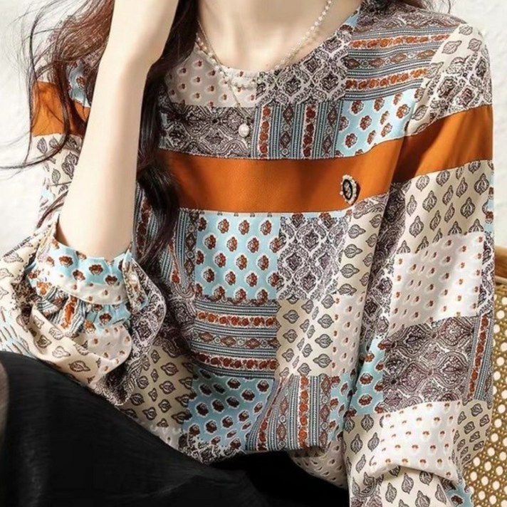 쩐쿠 봄 여성 라운드넥 쉬폰 블라우스 Y8641