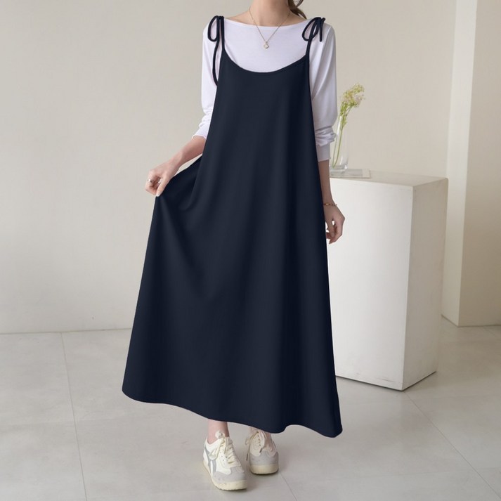 데일리앤 벨라 심플 레이어드 뷔스티에 끈 나시 플레어 롱 원피스 봄 여름 링클프리