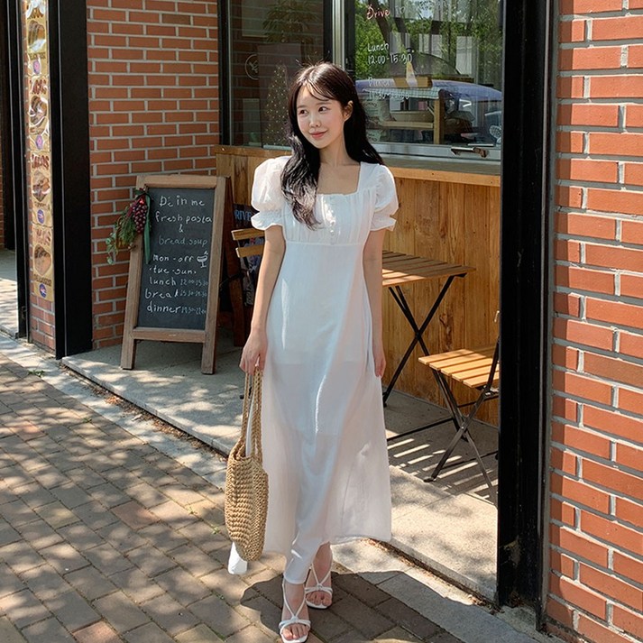 [문의최고] 콩단추 퍼프 셔링 리본 플레어 여신 여리 롱원피스