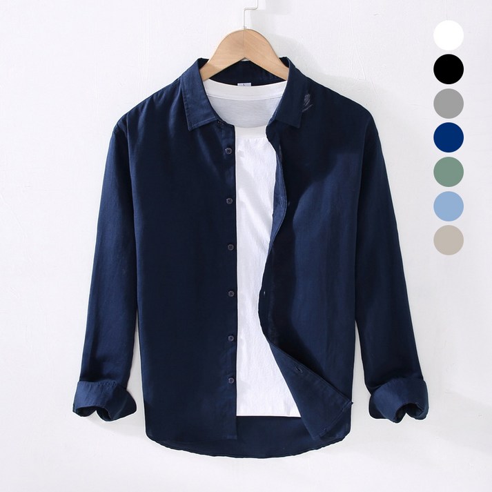 남자 남성 루즈핏 리넨 셔츠 탄탄핏 얇은 헨리넥  긴소매 셔츠 정장셔츠 캐주얼 셔츠 코트 YHY