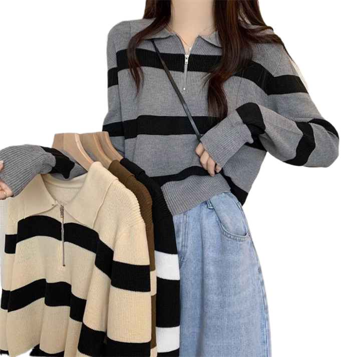 삼제태전 가을 여성 스트라이프 니트 캐주얼 긴팔 집업 쇼트 상의