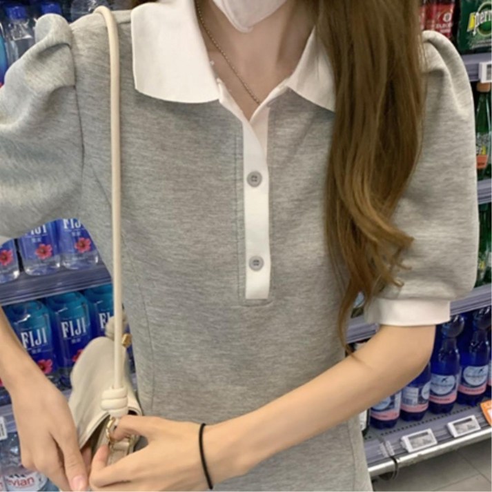 셔링 퍼프 여성스러운 롱원피스 카라 날씬해보이는 편한 가벼운