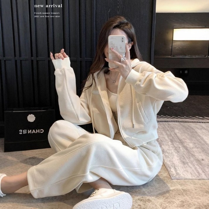 가을 여성 후드 트레이닝 세트 오버핏 후드티 와이드 팬츠 세트 무지 후드티 세트