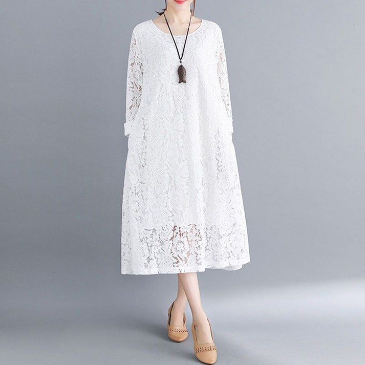 ORZQU 여성 가을 긴팔 원피스 빅사이즈 레이스 미디 원피스