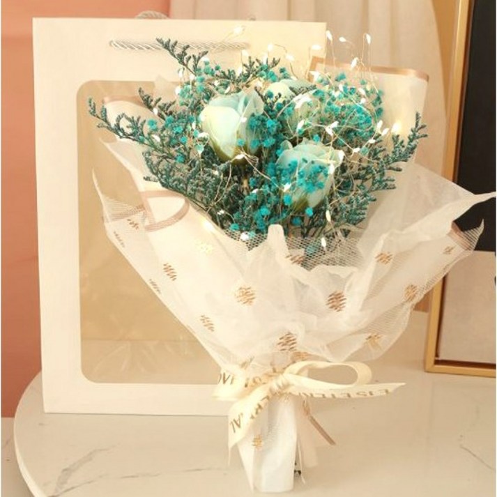 아르띠콜로 안개꽃 드라이 플라워 비누 꽃다발 + LED 램프 + 투명 쇼핑백, 블루