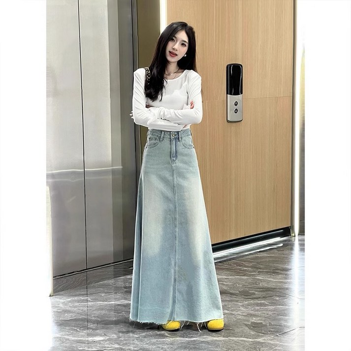 투니스 여성 하이웨이스트 A라인 롱 데님 스커트