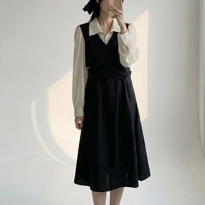 빅사이즈 여성 봄가을 레이어드 롱원피스 D1039 까데트