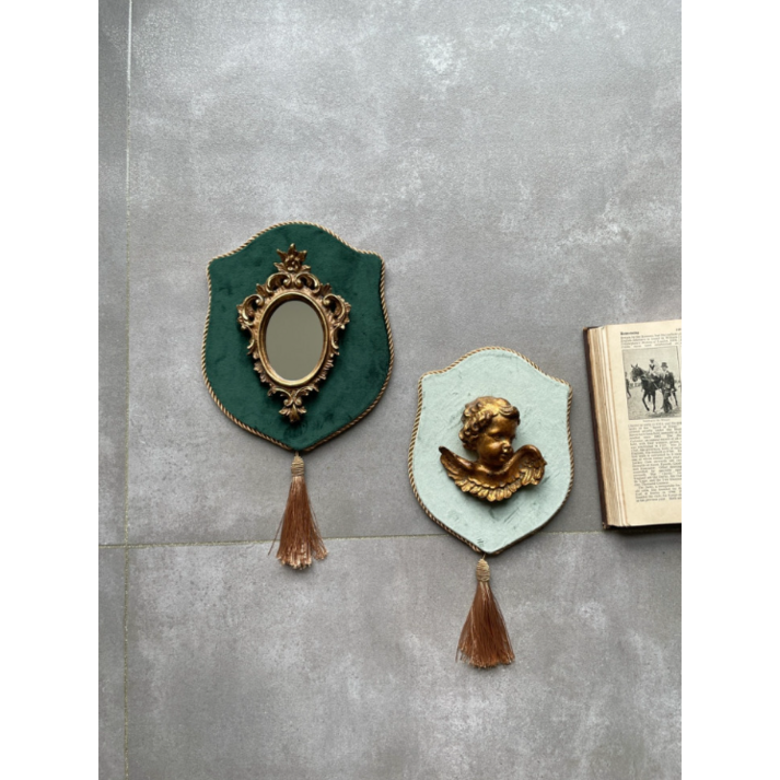 허니상점 고급 벨벳 엔틱 빈티지 골드 천사 미니 거울 벽걸이 장식 벽 인테리어 소품2design, 천사