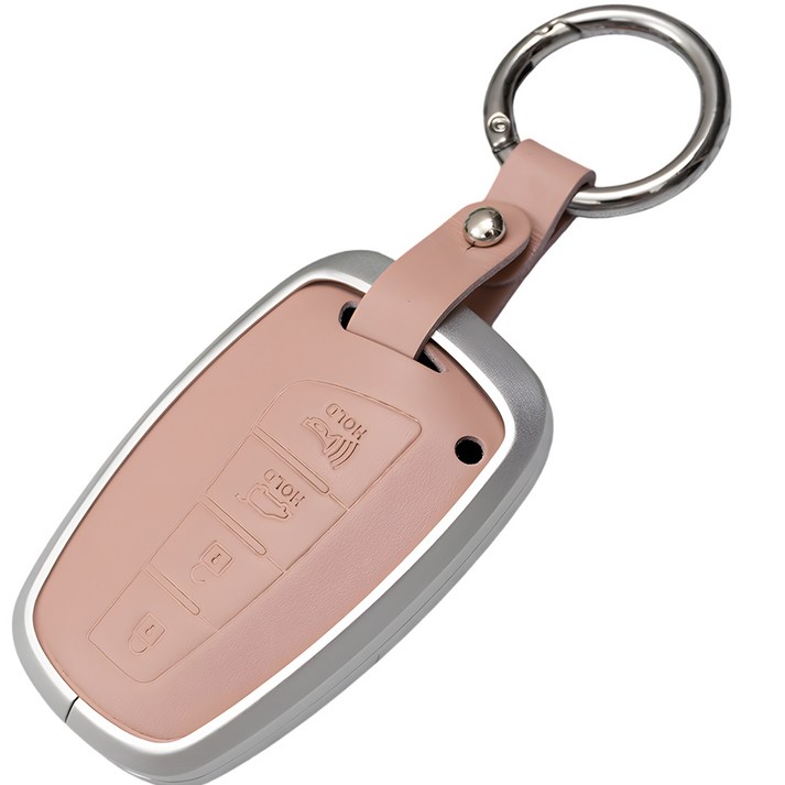 바이어블 현대 그랜저 싼타페 맥스크루즈 에쿠스 제네시스 호환 키링 키홀더 스마트키 크롬 가죽 키케이스, 4버튼U18, 실버핑크
