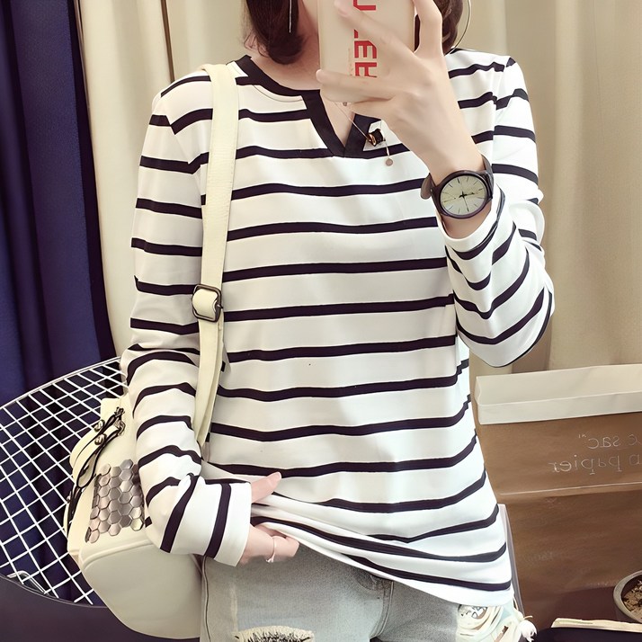 구디프 여성용 롱 긴팔 티셔츠  V넥