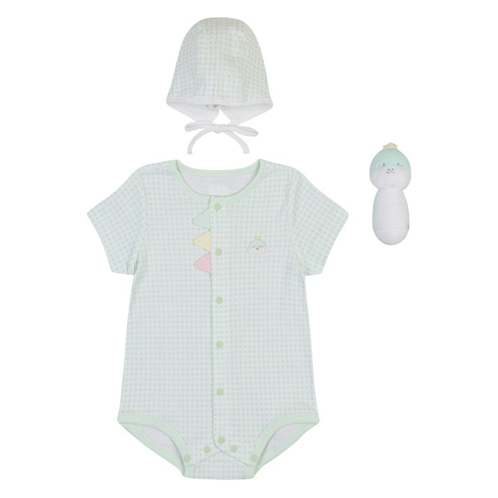 압소바 푸롱이 반팔 바디수트 + 모자 + 딸랑이 세트