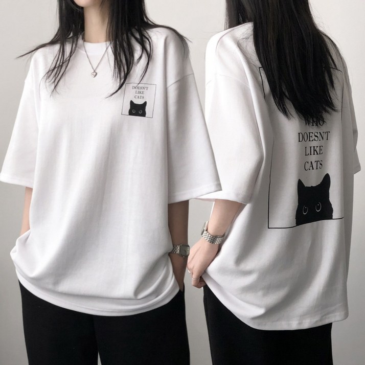 레이디스룸 국산 특양면 2XL 오버핏 고양이 프린팅 빅사이즈 박스 반팔 티셔츠