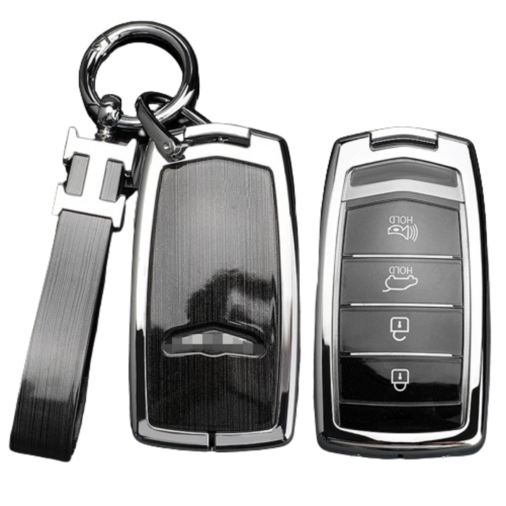 카디야 제네시스 4버튼 스마트키 호환 자동차 메탈 키케이스, 우드-실버