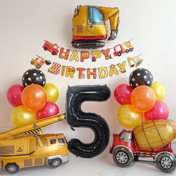 파티몬 중장비 생일 파티 용품 풍선 꾸미기 포크레인 자동차 소품 가랜드, 1개, 중장비 가랜드 생일 파티 - 숫자 풍선 5