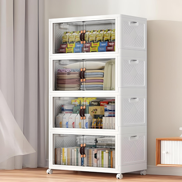 YEAAYE 더블 도어 멀티 레이어 접이식 수납함 바퀴 버전, 화이트
