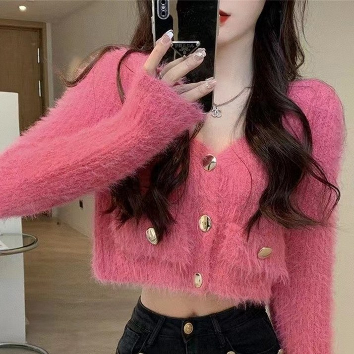 메이리앤 여성 니트 가디건 크롭 브이넥 금장 숏가디건