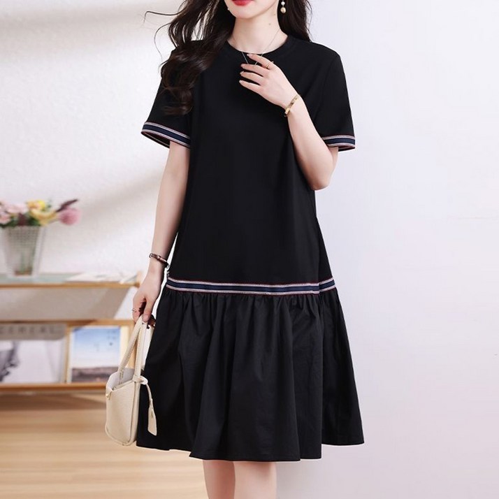 ORZQU 여성 여름 블랙 심플 캐주얼 루즈핏 반팔 원피스 A라인 플레어스커트
