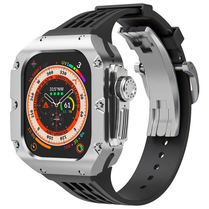 애차드밀 애플워치 호환 메탈 케이스 울트라 9 8 7 SE SE2 일체형 스트랩 명품 스테인리스 티타늄 밴드 줄질, 01.실버블랙