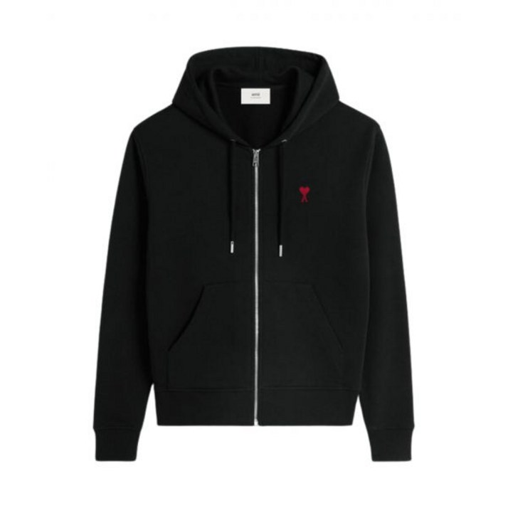 AMI de Coeur Loopback Oragnic Cotton Fleece Zipped Hoodie Black 아미 스몰 하트 로고 루프백 오가닉 코튼 플리스 후드 집업 블