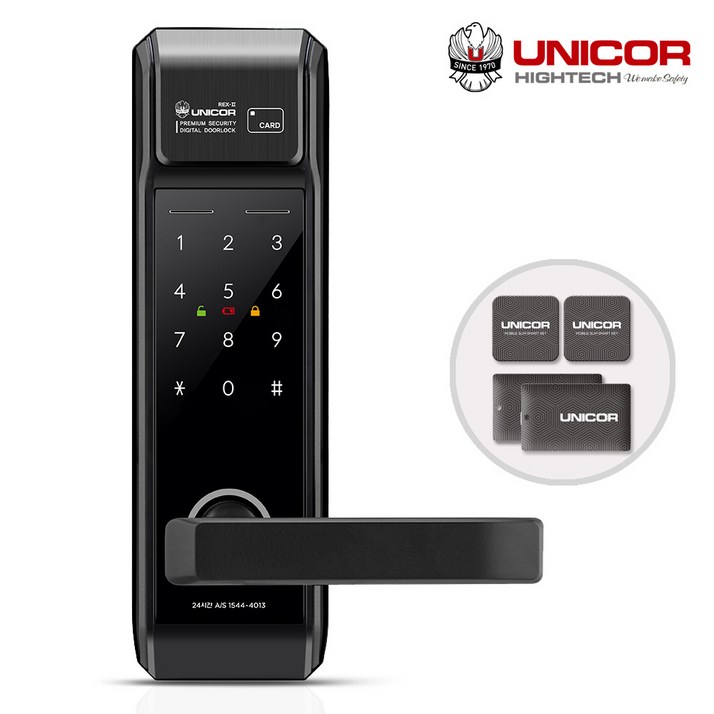 [무료설치] 유니코 렉스2 무타공 도어록 카드키4개+번호키 즉시잠김 잠김속도조절기능 이중인증(설정가능) 내/외부강제잠금 마스터번호[카드]기능 에티켓 허수기능 현관문 디지털도어락, REX-2, 방문설치