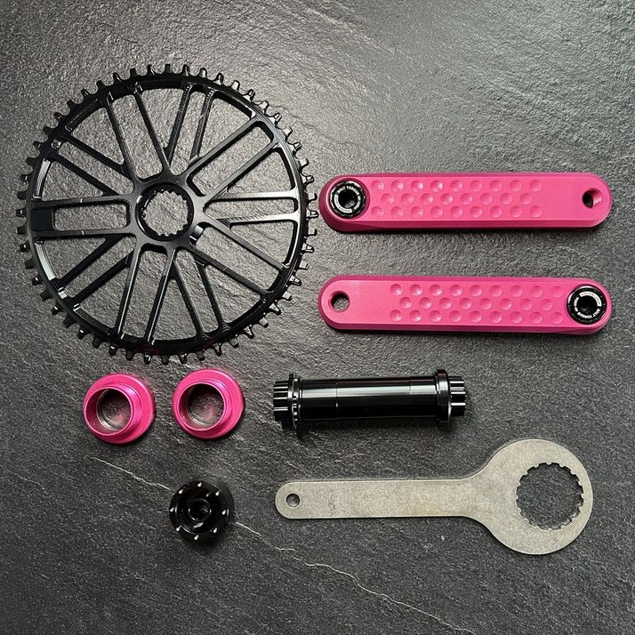 자전거 크랭크 세트 체인링 1단 드라이브 알루미늄 합금 페달 암 핑크 블랙 BMX 픽시 MTB 로드 호환, 블랙 로즈레드 크랭크+52T+BB+공구, 1개