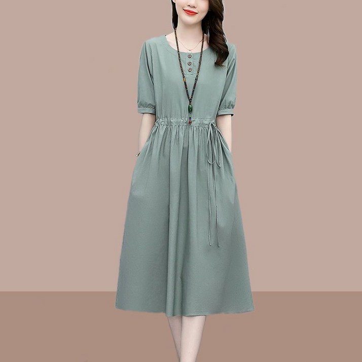 해피유통 여성 봄 여름 반팔 허리 조절 원피스 상큼한 청록색