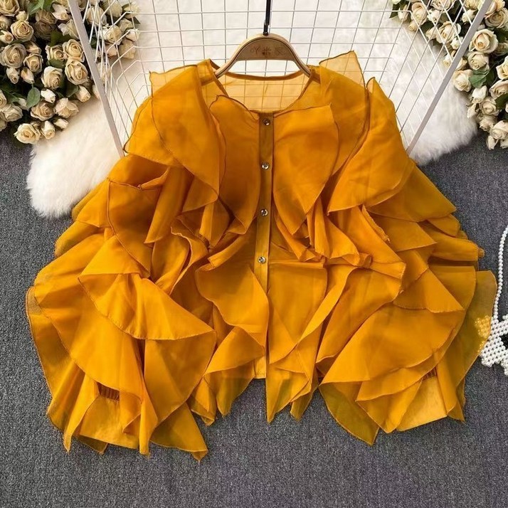 화려한 연보라색 블라우스 셔츠 여성 무대 공연 의상