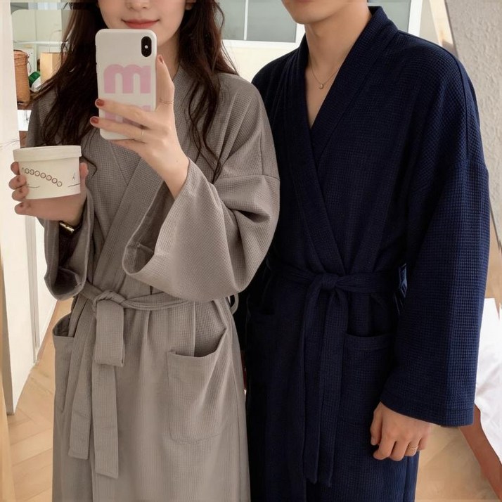 좋은 하루 속건 와플샤워가운 홈웨어로 남녀공용, 1개, 여성용 그레이