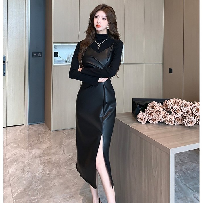 Anteater가을 겨울 가죽 원피스 여성 슬림핏 끈 나시가죽 원피스 A9fei1103LYQ10