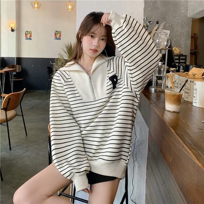 여성용 반집업 카라 맨투맨 데일리 루즈핏 오버핏 긴팔 티셔츠