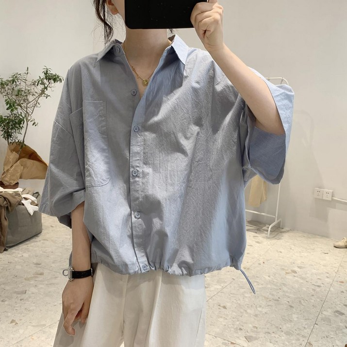 크롭 슬리브 셔츠 여성 블라우스 여름 빅 사이즈 슬림 카라 반 소매 코튼 큰 포켓 탑 크롭 슬리브 셔츠 여성 블라우스 여름 빅 사이즈 슬림 카라 반 소매 코튼 큰 포켓 탑