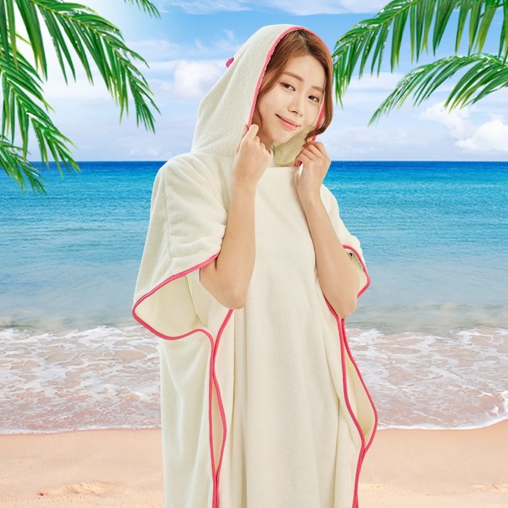 웰아로하 입는 비치타올 후드 극세사 실크 다이노 망토 / 어른 성인 비치가운 샤워가운 스포츠타올, 핑크, 1개