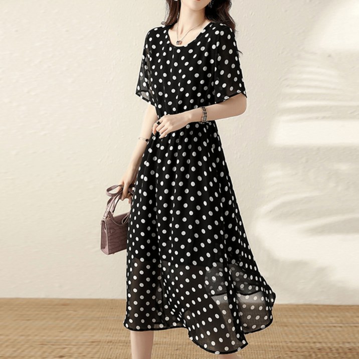 페이퍼먼츠 라운드넥 도트 쉬폰 플레어 반팔 미디 원피스 01916 빅사이즈 포함