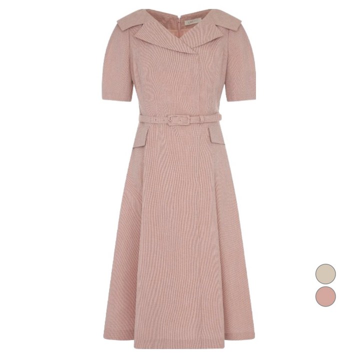 라인어디션 여성용 잔체크 오픈카라 벨티드 원피스