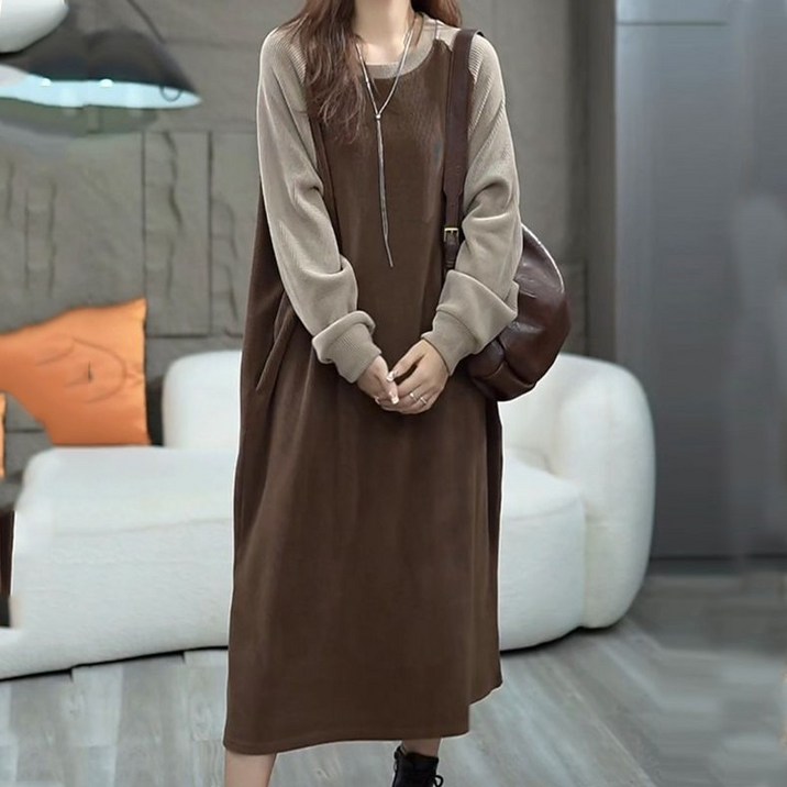 봄가을겨울기모 라운드 맨투맨 롱티원피스 빅사이즈 루즈핏 홈웨어 통 원피스 나그랑 배색 여성용