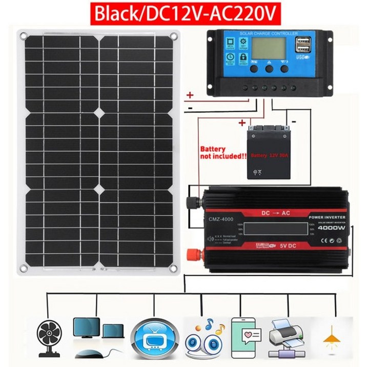 110v220v 태양광 발전 시스템 20w 태양 전지 패널 배터리 충전기 4000w 태양광 인버터 전체 키트 태양열 컨트롤러 30a40a50a60a