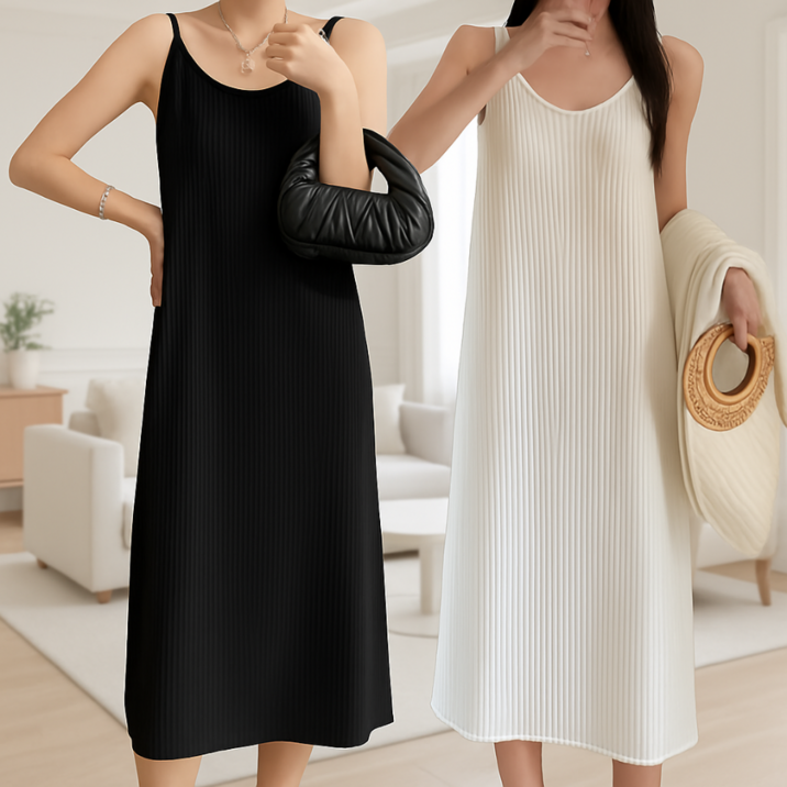 쁘띠엘라 찰랑스판 플리츠 끈나시 롱 원피스 휴양지 뷔스티에 2p