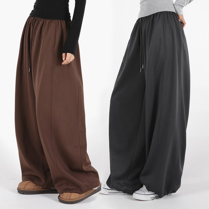 오버나인 여자 여성 와이드 숏 롱 절개라인 밴딩 팬츠 트레이닝 바지