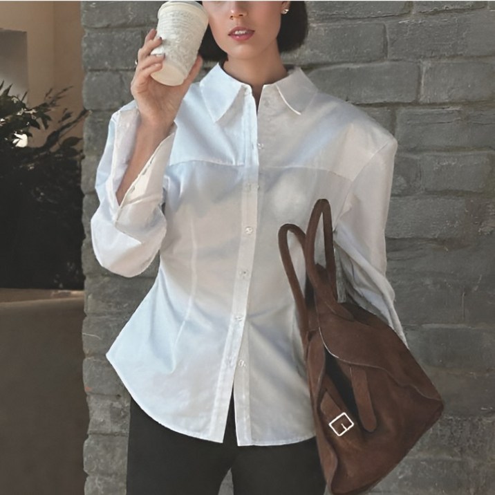 VMO 여성 화이트 셔츠 바스락 정장 어깨패드 블라우스