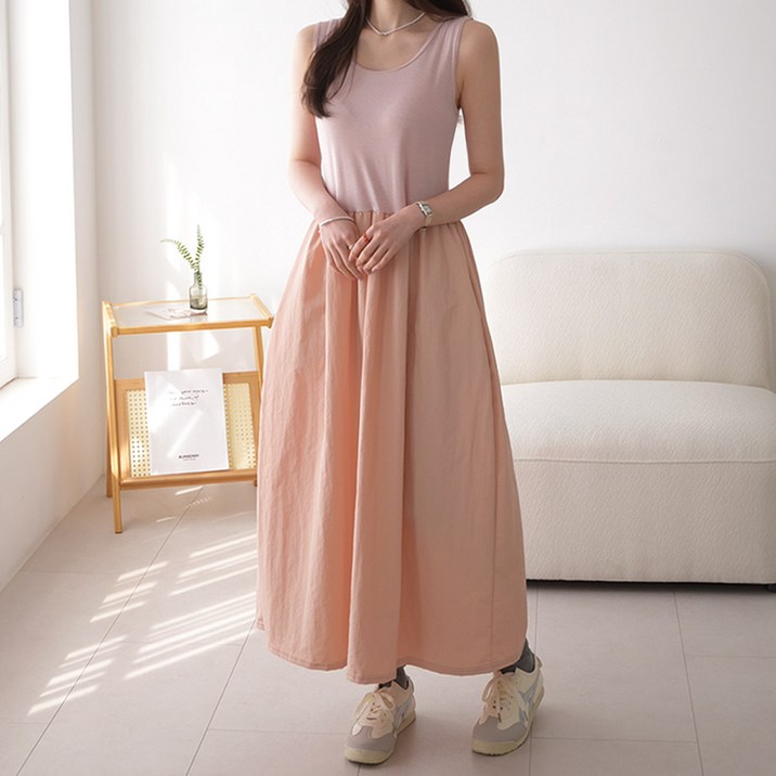 데일리앤 아로마 레이어드 나시 민소매 플레어 롱 바스락 봄 이너 77 원피스