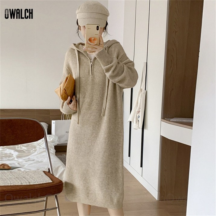 Owalch 후드 집업 니트 원피스 가을 겨울 헐렁헐렁 레저 니트 롱스커트 Owalch 후드 집업 니트 원피스 가을 겨울 헐렁헐렁 레저 니트 롱스커트