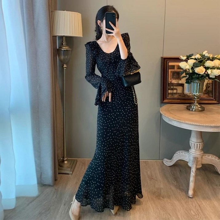 녕동 여성 U넥 롱원피스 플라워 슬림핏 프릴 A라인 도트 쉬폰 원피스