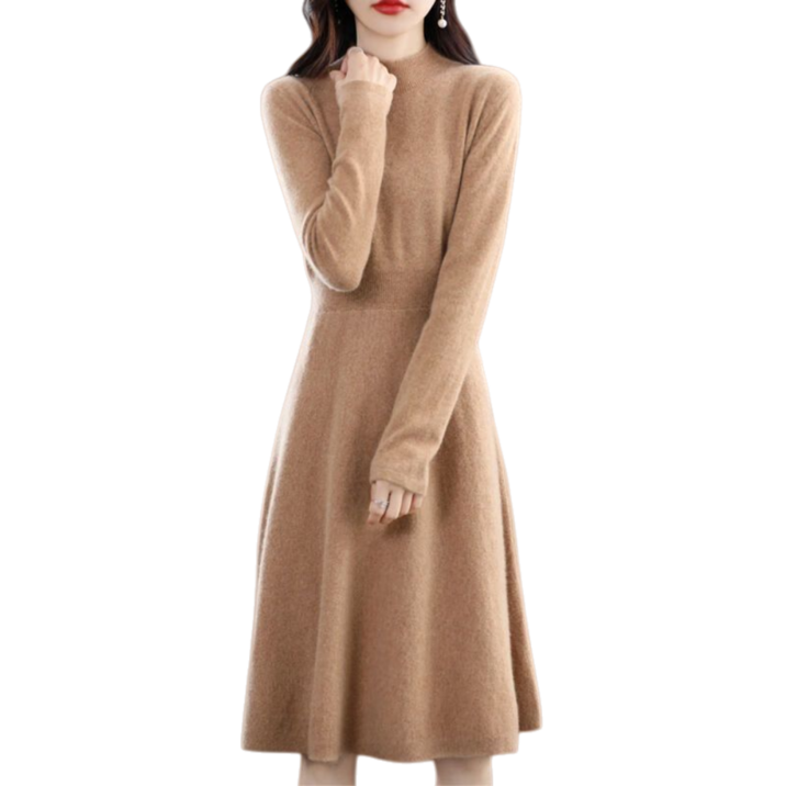 Makone 여성 가을 겨울 반폴라 캐주얼 이너 A라인 심플 니트 롱 원피스