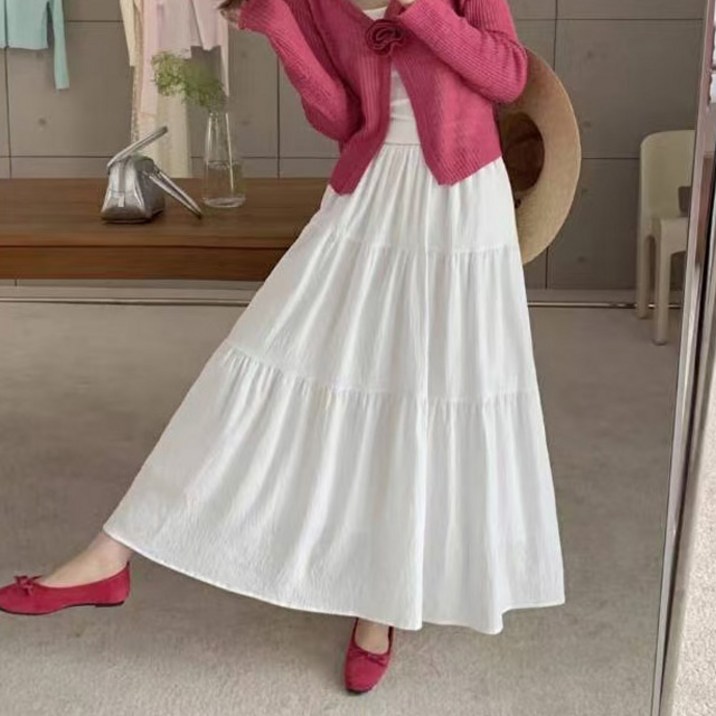 K11-4 케치본 빅사이즈여성의류 [L~4XL] 3단셔링 밴딩 롱스커트