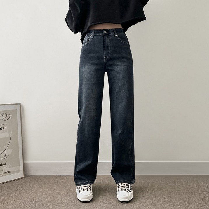 다미로그 여성 3단기장 기모 세미 와이드 청바지 겨울 스판 밴딩 데님팬츠 키작녀 빅사이즈 기모바지