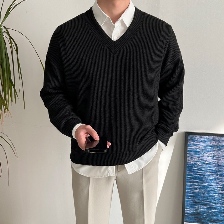 남자 제인드 브이넥 오버핏 니트 긴팔 스웨터 티셔츠 옷 가을 겨울 간절기 옷 코디 6186230645